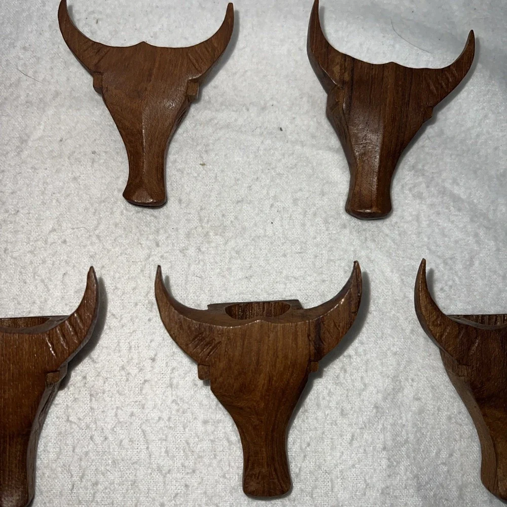 Vintage Hand Carved Wood Bull Steer Head Napkin Rings Western Set of 9 Brown